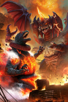 aura building burning_godzilla claws cloud cloudy_sky crest debris destoroyah destruction dinosaur electricity embers energy epic extra_teeth fire giant giant_monster glowing glowing_body glowing_eyes glowing_horns glowing_spikes godzilla godzilla_(series) godzilla_vs._destoroyah highres horns kaiju mandibles monster no_pupils official_art open_mouth orange_electricity orange_eyes overcast pablo_olivera pincers prehensile_tail realistic red_eyes rubble saliva sharp_teeth shoulder_spikes single_horn sky smoke spikes steam tail tail_wrap teeth textless_version toho tongue tusks variant_set wings