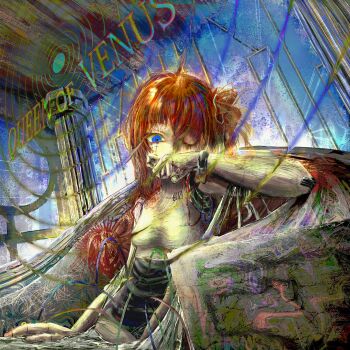 1girl a.i._voice adachi_rei alternate_eye_color android blue_eyes bracelet breasts cable chair chromatic_aberration circle collarbone_tattoo column commentary covering_own_mouth cross cross_facial_mark elbow_rest english_text expressionless facial_mark hand_over_own_mouth highres jewelry joints looking_at_viewer mark_under_both_eyes mechabare medium_hair mole n00dlesandwitch no_nipples nude number_tattoo on_chair one_eye_closed one_side_up orange_hair pillar queen_of_venus_(utau) robot_joints sitting small_breasts solo song_name surreal symbol-only_commentary tattoo utau wire