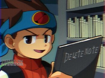 1boy artist_name blue_headband brown_eyes brown_hair commentary death_note death_note_(object) english_commentary headband holding holding_notebook lan_hikari_(mega_man) male_focus mega_man_(series) mega_man_battle_network_(series) notebook open_mouth parody poruwiki solo upper_body voice_actor_connection