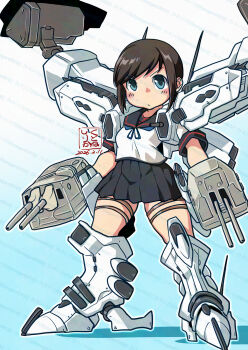 Rule 34 | 1girl, artist logo, artist name, black hair, black sailor collar, black skirt, commentary request, dated, fubuki (kancolle), fubuki kai ni (kancolle), full body, green eyes, gundam, highres, kantai collection, kutone shirika, logo, looking at viewer, mecha musume, pleated skirt, sailor collar, sailor shirt, school uniform, serafuku, shirt, short hair, skirt, solo, twitter username, watermark, white shirt