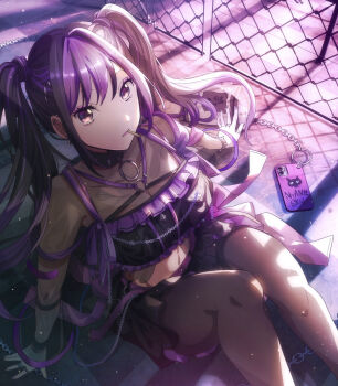 Rule 34 | 1girl, arm support, black choker, black hair, black pantyhose, black shirt, black skirt, breasts, cellphone, chain, chain-link fence, choker, cleavage, commentary, dead account, fence, fishnet top, fishnets, food in mouth, frilled shirt, frills, from above, hair between eyes, highres, jewelry, knees up, looking at viewer, looking up, medium breasts, midriff, miniskirt, motto (motto0628), multicolored hair, multiple rings, navel, o-ring, o-ring choker, on ground, pantyhose, parted lips, phone, purple eyes, purple hair, purple light, purple ribbon, purple shirt, purple skirt, ribbon, ring, shirt, sitting, skirt, smartphone, solo, spiked choker, spikes, thick thighs, thighs, two-tone hair, two-tone skirt, untranslatable commentary, urusugawa kiyomi (dead account)