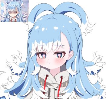 Rule 34 | 1girl, blue eyes, blue hair, blush, grey jacket, hashtag-only commentary, heart, heart-shaped pupils, highres, hololive, hololive indonesia, jacket, kobo kanaeru, kobo kanaeru (1st costume), long hair, pout, puffy cheeks, reference inset, shuvi (shuvi1125), simple background, solo, symbol-shaped pupils, upper body, virtual youtuber, wavy hair, white background, white hair