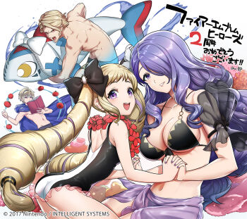 2017 2boys 2girls :d ass bare_shoulders bikini black_bikini black_bow blonde_hair blush book bow breasts brother_and_sister brothers camilla_(fire_emblem) camilla_(tropical_beauty)_(fire_emblem) cape cleavage collarbone elise_(fire_emblem) elise_(tropical_flower)_(fire_emblem) fire_emblem fire_emblem_fates fire_emblem_heroes flower frilled_swimsuit frills front-tie_bikini_top front-tie_top hair_bow hair_flower hair_ornament hair_over_one_eye hairband hibiscus inflatable_dolphin inflatable_toy interlocked_fingers large_breasts leo_(fire_emblem_fates) leo_(seashore&#039;s_prince)_(fire_emblem_fates) lips long_hair looking_at_viewer matching_hair/eyes mikurou_(nayuta) multiple_boys multiple_girls nail_polish navel nintendo official_art one-piece_swimsuit open_mouth parted_lips purple_eyes purple_hair purple_nails red_eyes red_flower sarong siblings sisters small_breasts smile swimsuit teeth tomato twintails underboob upper_teeth_only very_long_hair wavy_hair white_flower xander_(fire_emblem) xander_(student_swimmer)_(fire_emblem)