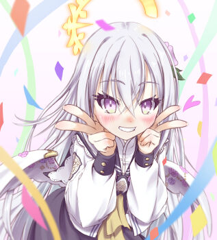 1girl :d absurdres azusa_(blue_archive) black_sailor_collar black_skirt blue_archive blush commentary_request confetti cowboy_shot crescent_halo crossed_bangs double_v eyelashes eyes_visible_through_hair feathered_wings flower frilled_sailor_collar frills grey_hair grin hair_between_eyes hair_flower hair_ornament halo hands_up happy heart highres leaf_hair_ornament leaning_forward long_hair long_sleeves looking_at_viewer low_wings neckerchief open_clothes open_mouth open_shirt puffy_long_sleeves puffy_sleeves purple_eyes purple_flower sailor_collar school_uniform serafuku shirt simple_background skirt smile solo straight_hair tomonx v very_long_hair white_background white_shirt white_wings wings yellow_halo yellow_neckerchief