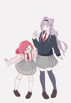 2girls black_cardigan black_hairband black_shoes blunt_bangs buttons cardigan closed_mouth collared_shirt commentary_request cone_hair_bun double_bun expressionless full_body grey_background grey_shirt grey_socks hair_bun hairband hand_on_another's_hip hand_up happy height_difference highres hugtto!_precure kneehighs knees l'avenir_academy_school_uniform leaning_forward long_hair long_sleeves low_twintails medium_hair medium_skirt multiple_girls necktie nono_hana open_mouth over-kneehighs pink_eyes pink_hair pink_shirt pleated_skirt precure puffy_long_sleeves puffy_sleeves purple_eyes purple_hair red_necktie ruru_amour school_uniform shirt shoes sidelocks simple_background skirt sleeves_past_wrists smile socks standing suspender_skirt suspenders takahoshi_(yunch327) thighhighs twintails uwabaki v-neck very_long_hair wavy_hair white_socks