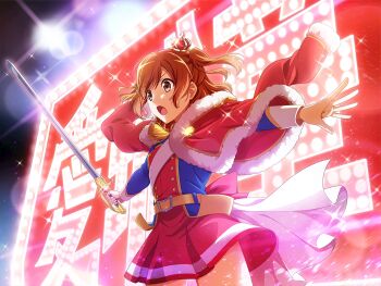 Rule 34 | 1girl, aijou karen, belt, blue jacket, brown eyes, brown hair, crown, fur-trimmed jacket, fur trim, game cg, holding, holding sword, holding weapon, jacket, jacket on shoulders, long sleeves, mini crown, official art, open mouth, outstretched arms, red jacket, red skirt, sash, short hair, shoujo kageki revue starlight, shoujo kageki revue starlight -re live-, skirt, solo, standing, swept bangs, sword, tilted headwear, two side up, upper body, v-shaped eyebrows, weapon, white sash, yellow belt