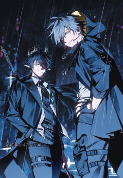 2boys artist_name black_gloves black_hair black_jacket black_pants black_sky black_sweater blue_eyes blurry blurry_background building caelus_(honkai:_star_rail) city closed_mouth collared_shirt cowboy_shot dan_heng_(honkai:_star_rail) dan_heng_(lurking)_(honkai:_star_rail) dan_heng_(permansor_terrae)_(honkai:_star_rail) dragon_boy dragon_horns dragon_tail earclip eyeliner fingerless_gloves fingernails floating_hair formal_clothes from_side gaber473159611 gloves grey_hair gun hair_between_eyes hand_in_pocket hand_on_own_hip handgun highres holding holding_polearm holding_weapon honkai:_star_rail honkai_(series) hood hooded_jacket horns jacket lapels long_hair long_sleeves looking_at_viewer low_ponytail makeup male_focus microphone multiple_boys night official_alternate_costume official_alternate_hairstyle open_clothes open_jacket open_shirt pants pointy_ears polearm ponytail rain red_eyeliner shirt short_hair sky smile spear standing sweater t-shirt tail teeth thigh_strap trailblazer_(honkai:_star_rail) turtleneck turtleneck_sweater weapon weapon_on_back white_shirt yellow_eyes yellow_pupils