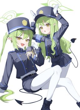 3girls absurdres aoba_(blue_archive) armband black_tail blue_archive blue_armband buttons demon_tail double-breasted fang gloves green_hair green_halo halo hat highres hikari_(blue_archive) multiple_girls newsboy_cap nozomi_(blue_archive) pantyhose peaked_cap pointy_ears shiitakee_(pixiv_123910785) siblings sisters skin_fang smile tail train_conductor twins twintails white_background white_gloves white_pantyhose yellow_halo