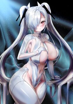 Rule 34 | 1girl, absurdres, armpit cutout, blush, bodysuit, breasts, cinderella (nikke), cleavage, clothing cutout, commentary request, dress, gloves, goddess of victory: nikke, hair over one eye, highres, large breasts, long hair, looking at viewer, navel cutout, one eye covered, paschoari, red eyes, see-through bodysuit, see-through clothes, see-through dress, see-through skirt, shiny eyes, skirt, solo, stomach cutout, twintails, very long hair, white bodysuit, white hair