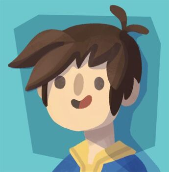 1boy ahoge blue_background blue_jacket brown_eyes brown_hair chibi chibi_only copyright_request hood hoodie jacket jamizzle lowres no_lineart open_mouth portrait profile_picture simple_background smile toon_(style) yellow_hoodie