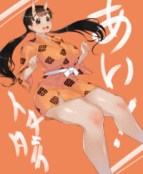 Rule 34 | 1girl, :d, absurdres, black eyes, black hair, breasts, broken tooth, chipped tooth, dungeon meshi, feet out of frame, highres, horns, huge breasts, inutade, japanese clothes, kajichan, kimono, long hair, mole, mole under eye, open mouth, orange background, orange kimono, skin-covered horns, smile, solo, twintails, wide sleeves