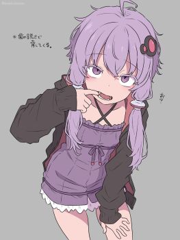 Rule 34 | 1girl, ahoge, black jacket, criss-cross halter, dress, finger in own mouth, grey background, hair ornament, halterneck, hand on own knee, highres, jacket, leaning forward, looking at viewer, open mouth, purple dress, purple eyes, purple hair, semicolonize, sidelocks, simple background, solo, teeth, translation request, voiceroid, yuzuki yukari