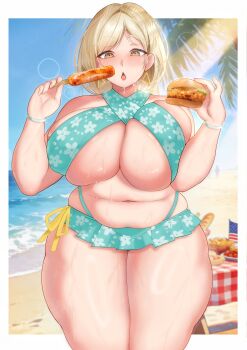 absurdres american_flag beach blonde_hair blush breasts brown_eyes burger bursting_breasts cleavage commentary_request corn_dog food highres holding holding_burger holding_food huge_breasts looking_at_viewer medium_hair navel open_mouth original plump sweat swimsuit thick_thighs thighs tongue user_sxxx4474 wide_hips