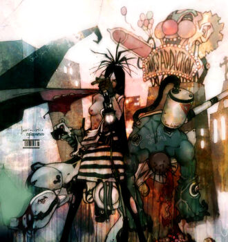 1boy 1girl barcode blonde_hair blood blue_skin breasts canister clock colored_skin commentary_request cyanporoco english_text grey_skin jane&#039;s_addiction korean_commentary lamppost long_hair looking_at_viewer medium_breasts nipples original upper_body