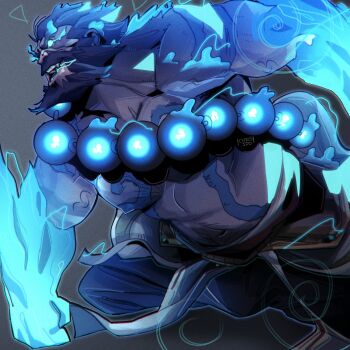 1boy arm_guards aura bandaged_wrist bandages bara beads beard blue_aura body_markings broad_shoulders chest_tuft chris_sdd claws connected_beard cropped_legs facial_hair full_beard glowing glowing_eyes glowing_fist gradient_background hakama highres japanese_clothes league_of_legends male_focus medium_hair muscular muscular_male mustache open_mouth pants prayer_beads rope_belt signature solo spirit_guard_udyr strongman_waist topless_male udyr veins