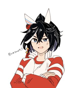 1girl animal_ears black_hair blue_eyes commentary_request crossed_arms ear_covers gachitamago hair_ornament highres horse_ears horse_girl jacket katsuragi_ace_(umamusume) long_sleeves multicolored_hair open_mouth ponytail sketch smile solo streaked_hair sweat track_jacket translation_request umamusume uneven_eyes white_hair