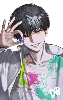 1boy artist_name black_eyes black_hair commentary daenarys gem grin hand_up holding holding_gem jacket kim_dokja long_sleeves looking_at_viewer male_focus omniscient_reader&#039;s_viewpoint one_eye_closed open_clothes open_jacket print_shirt shirt short_hair simple_background smile solo symbol-only_commentary teeth upper_body white_background white_jacket white_shirt