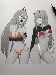 Rule 34 | 2girls, animanghayo, aqua eyes, art tools in frame, bikini, breasts, chainsaw man, clothes lift, commentary, contrapposto, covered nipples, cropped legs, crossover, darling in the franxx, eyeliner, grabbing own breast, greyscale, hair between eyes, highres, horns, long hair, makeup, medium breasts, millipen (medium), mismatched bikini, mixed media, monochrome, multiple girls, open mouth, orange bikini, patreon username, power (chainsaw man), red eyeliner, red horns, sharp teeth, shirt lift, shirt tug, sidelocks, signature, smile, spot color, swimsuit, teeth, traditional media, trait connection, very long hair, yellow eyes, zero two (darling in the franxx)