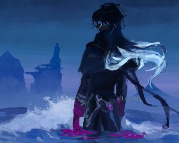 1boy black_capelet black_coat blue_hair blue_theme capelet coat commentary_request flins_(genshin_impact) floating_hair from_behind genshin_impact gradient_hair hazukt1 highres long_sleeves male_focus mountain multicolored_hair outdoors sky solo standing water waves