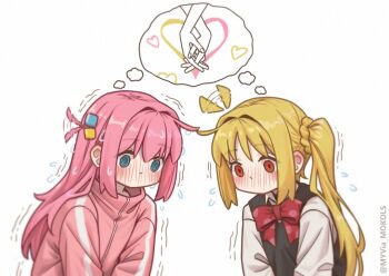 2girls @_@ ahoge ahoge_wag blonde_hair blue_eyes blush bocchi_the_rock! bow bowtie commentary cube_hair_ornament english_commentary expressive_hair flying_sweatdrops full-face_blush gotoh_hitori hair_between_eyes hair_intakes hair_ornament heart holding_hands ijichi_nijika imagining interlocked_fingers jacket long_hair motion_lines multiple_girls myvia_mokols one_side_up pink_hair pink_jacket polka_dot polka_dot_bow red_bow red_bowtie red_eyes shared_thought_bubble side_ponytail sidelocks simple_background speech_bubble thought_bubble track_jacket trembling twitter_username upper_body very_long_hair white_background yuri