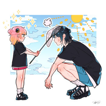 Rule 34 | 1boy, 1girl, absurdres, anger vein, anya (spy x family), awarinko, black hair, black sandals, black shirt, blue shorts, blue sky, blush, brown hair, butterfly net, closed mouth, cloud, day, eye contact, gradient hair, green eyes, hair bun, hand net, highres, holding, looking at another, multicolored hair, outline, pink hair, profile, red skirt, sandals, shirt, short sleeves, shorts, signature, skirt, sky, socks, spy x family, squatting, sun symbol, white outline, white socks, yuri briar