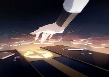 1girl box broken_glass close-up game_cg glass hand_focus highres iris_(stella_sora) long_sleeves non-web_source official_art reaching solo stella_sora