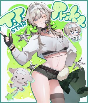 1girl belt black_choker black_sports_bra blue_eyes breasts brown_belt cat_necklace cat_ornament character_name chibi choker cleavage commentary_request covered_underboob english_text foil foil_star fur_trim goddess_of_victory:_nikke green_shorts grey_hair hair_ears headband headset highres idol navel nnn_chisi off_shoulder official_alternate_costume one_eye_closed prika_(cool_paprika)_(nikke) prika_(nikke) short_shorts shorts solo sports_bra star_(symbol) white_headband