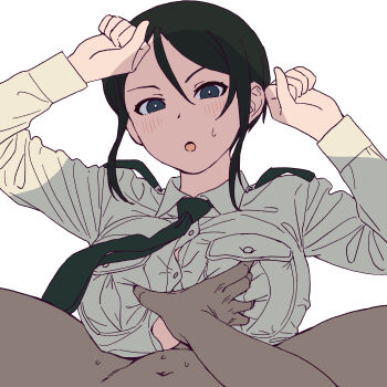 Rule 34 | 1boy, 1girl, black hair, breasts, chouno ami, clothed female nude male, girls und panzer, grabbing another's breast, groping, hetero, highres, large breasts, looking at viewer, military dress uniform, military uniform, nude, onsen tamago (hs egg), open mouth, paizuri, pov, short hair