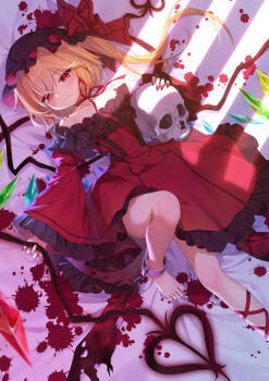 1girl absurdres alternate_costume bare_shoulders barefoot black_hat blonde_hair blood blood_splatter bow broken broken_chain chain choker closed_mouth commentary crystal crystal_wings cuffs dress fingernails flandre_scarlet frilled_dress frilled_sleeves frills hat hat_bow highres holding holding_skull holding_weapon laevatein_(touhou) leg_ribbon long_hair long_sleeves looking_at_viewer lying mob_cap multicolored_wings nail_polish off-shoulder_dress off_shoulder on_back one_side_up poppy_(poppykakaka) red_bow red_dress red_eyes red_nails red_ribbon ribbon ribbon_choker shackles sharp_fingernails skull slit_pupils solo toenail_polish toenails toes touhou weapon wide_sleeves wings