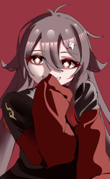 1girl absurdres brown_hair hair_ornament hairclip highres hood hoodie hu hu_tao_(genshin_impact) non-web_source red_eyes simple_background smile teeth