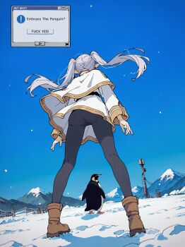 Rule 34 | 1girl, ass, between legs, bird, boots, elf, english text, frieren, from behind, grey hair, highres, legs, looking at another, pantyhose, penguin, pointy ears, snow, solo, sousou no frieren, thighs, twintails, upskirt, view between legs, white hair