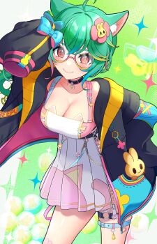 1girl absurdres ahoge animal_ear_fluff animal_ears belt black_choker black_jacket blonde_hair blue_belt blue_bow blue_hair bow breasts choker cleavage closed_mouth collarbone commentary dress english_commentary flower glasses green_hair hair_flower hair_ornament highres honeybun_(rosedoodle) jacket long_sleeves multicolored_hair multicolored_jacket o-ring o-ring_thigh_strap open_clothes open_jacket pink_eyes pink_flower pink_hair pleated_dress rosedoodle_(vtuber) round_eyewear sleeves_past_fingers sleeves_past_wrists smile solo thigh_belt thigh_strap vchiban virtual_youtuber yuarima2
