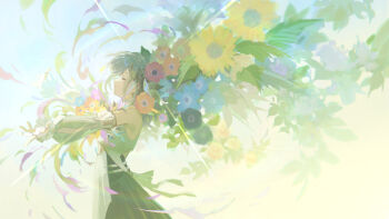 1girl absurdres anemone_(flower) bare_shoulders closed_eyes commentary detached_sleeves dress expressionless flower from_side grey_hair highres isekaijoucho kamitsubaki_studio nemophila_(flower) outstretched_arms pale_color profile short_hair solo spread_arms sunflower sunlight walluka