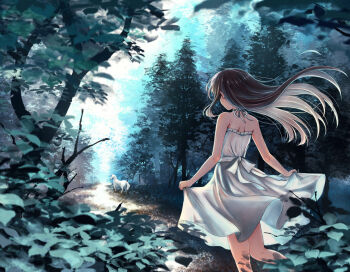 1girl animal bare_shoulders black_hair commentary_request dress floating_hair forest from_behind halterneck highres horse leon_no_neko long_hair nature original path road see-through_clothes see-through_dress shoulder_blades skirt_hold solo tree vanishing_point white_dress