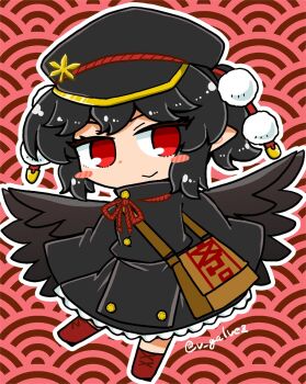 Rule 34 | 1girl, alternate costume, bag, bird girl, bird wings, black coat, black hair, black hat, black skirt, blush stickers, brown bag, chibi, closed mouth, coat, commentary request, frilled skirt, frills, galvez, gold buttons, gold trim, hat, hat ornament, hat ribbon, highres, leaf, long sleeves, maple leaf, neck ribbon, outline, overcoat, pom pom (clothes), red background, red eyes, red ribbon, red shoes, ribbon, seigaiha, shameimaru aya, shoes, short hair, shoulder bag, skirt, sleeves past fingers, sleeves past wrists, smile, solo, touhou, twitter username, white outline, wings