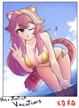 1girl animal_ears bent_over bikini blue_sky border breasts collarbone day dot_nose english_text eyelashes feet_out_of_frame female_focus hand_on_own_knee hand_up hololive hololive_english konan_exe large_breasts long_hair looking_at_viewer multicolored_hair ocean one_eye_closed open_mouth outdoors panther_ears panther_girl panther_tail photo_(object) pink_hair raora_panthera sideboob sky solo standing swimsuit tail two-tone_hair virtual_youtuber w water white_border white_hair wide_hips yellow_bikini yellow_eyes