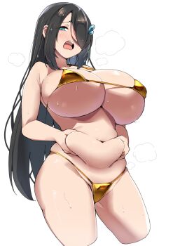 1girl aqua_eyes belly_grab bikini black_hair blue_eyes blush breasts cleavage embarrassed gold_bikini hair_ornament hair_over_one_eye hands_on_own_stomach huge_breasts long_hair micro_bikini nana_(mogs1225) navel one_eye_covered open_mouth original plump solo standing straight_hair sweat swimsuit tongue weight_conscious white_background