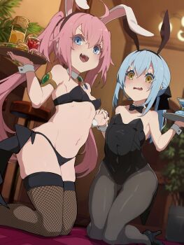 2girls :d animal_ears bare_shoulders bikini black_bikini black_leotard black_nails blue_eyes blue_hair blurry blurry_background blush bow breasts brown_legwear cocktail_glass covered_navel cup depth_of_field drinking_glass fake_animal_ears fishnet_legwear fishnets gender_request genderswap genderswap_(otf) gluteal_fold grey_legwear hair_bow highres holding holding_tray indoors interlocked_fingers kakure_eria kneeling leotard looking_at_viewer milim_nava multiple_girls nail_polish navel open_mouth pantyhose pink_hair playboy_bunny ponytail rabbit_ears rimuru_tempest small_breasts smile stool swimsuit tensei_shitara_slime_datta_ken thighhighs tray twintails wide-eyed wrist_cuffs yellow_eyes