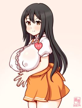 1girl alternate_costume anna_miller apron artist_logo black_hair breasts brown_eyes chikuma_(kancolle) commentary_request covered_erect_nipples dated huge_breasts kanon_(kurogane_knights) kantai_collection logo long_hair long_skirt looking_at_another looking_at_viewer orange_apron orange_skirt ribbon shirt skirt smile solo waitress white_background white_shirt