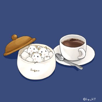animal animal_focus blue_background coffee coffee_mug commentary_request cup mug no_humans original saucer simple_background spoon sugar_bowl sugar_cube upiupisyo