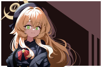 black_hat black_jacket black_sailor_collar black_shirt blonde_hair blue_archive green_eyes hair_between_eyes halo hat highres jacket long_hair looking_at_viewer professor_niyaniya_(blue_archive) red_ribbon ribbon sailor_collar shirt tost_(cloi123) yellow_halo