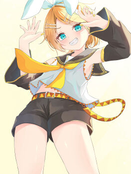 1girl absurdres armpits belt black_sailor_collar black_shorts black_sleeves blonde_hair blue_eyes bow detached_sleeves fang hair_bow hair_ornament hairclip highres kagamine_rin legs looking_at_viewer neckerchief parallel_hairclips sailor_collar shirt short_hair shorts smile thigh_focus thighs treble_clef vocaloid white_bow white_shirt yamamotokeisuke1004 yellow_belt yellow_nails yellow_neckerchief yellow_trim