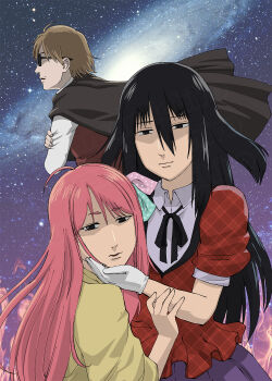 1boy 2girls highres long_hair minamoto_sakura multiple_girls parody rurouni_kenshin style_parody sunglasses tatsumi_koutarou yamada_tae zombie_land_saga