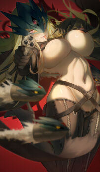 1girl ankle_gun areola_slip beelstarmon belt black_belt black_coat black_gloves black_pants black_vest blonde_hair blue_mask blurry blurry_foreground blush boots breasts bullet coat commentary covered_erect_nipples cropped_vest digimon digimon_(creature) eye_mask firing firing_at_viewer gloves groin gun high_heel_boots high_heels highres holding holding_gun holding_weapon jianmu_(fanxu) jumping large_breasts leather leather_pants long_hair looking_at_viewer mask multiple-barrel_gun navel one_eye_closed open_clothes open_coat pants purple_eyes red_background shadow sidelocks simple_background skindentation smile smoke smoking_barrel solo stomach third_eye tight_clothes tight_pants tongue tongue_out underboob vest weapon zipper