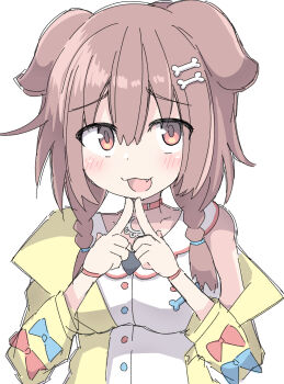 1girl :3 animal_ears blush bone_hair_ornament braid breasts brown_eyes brown_hair cardigan cartoon_bone choker commentary dog_ears dog_girl dress fang hair_ornament highres hololive inugami_korone inugami_korone_(1st_costume) large_breasts long_hair long_sleeves open_mouth red_choker simple_background solo twin_braids umberblack upper_body virtual_youtuber white_background white_dress yellow_cardigan
