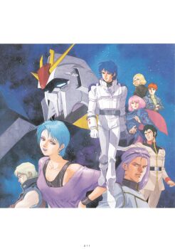1980s_fashion 1990s_(style) 3girls 5boys absurdres aeug amuro_ray bright_noa char_aznable four_murasame gundam haman_karn highres kamille_bidan kitazume_hiroyuki magazine_scan mecha mecha_pilot_suit military military_uniform mobile_suit mullet multiple_boys multiple_girls nebula paptimus_scirocco quattro_bajeena retro_artstyle robot sayla_mass scan science_fiction serious space star_(sky) titans_(gundam) traditional_media upper_body v-fin wristband zeta_gundam zeta_gundam_(mobile_suit) zeta_gundam_define