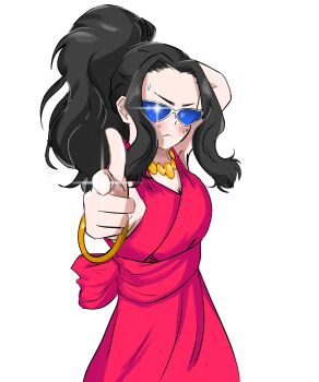 1girl black_hair boku_no_hero_academia bracelet casual dress female_focus glasses gold_bracelet jewelry long_hair official_alternate_costume pointing pointing_at_viewer ponytail solo yaoyorozu_momo