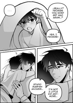 ... 2boys absurdres areuwuu blush greyscale heterochromia highres hug kim_dokja male_focus monochrome multiple_boys oldest_dream omniscient_reader&#039;s_viewpoint scar scar_across_eye scar_on_face secretive_plotter shirt short_hair smile spoken_ellipsis t-shirt under_covers yoo_joonghyuk