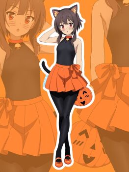 1girl :o alternate_costume animal_ear_hairband animal_ears arm_behind_head bare_shoulders bell black_bodysuit black_hair bodysuit breasts cat_ear_hairband cat_ears cat_tail commentary english_commentary facial_mark fake_animal_ears frixtied full_body hairband halloween_costume hand_up highres jack-o&#039;-lantern kono_subarashii_sekai_ni_shukufuku_wo! looking_at_viewer megumin neck_bell no_bra orange_background orange_shoes orange_skirt outline pleated_skirt red_eyes shoes short_hair_with_long_locks signature skirt sleeveless sleeveless_bodysuit small_breasts solo standing tail whisker_markings white_outline zoo zoom_layer
