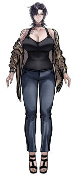 1girl absurdres armpit_crease arms_at_sides black_nails black_shoes black_tank_top blue_pants breasts bright_pupils brown_jacket cleavage closed_mouth clothes_pull collarbone commentary denim ear_piercing earclip earrings english_commentary finger_tattoo full_body hair_between_eyes hair_over_one_eye hand_tattoo highres jacket jacket_pull jeans jewelry kobun0 large_breasts lips long_sleeves looking_at_viewer medium_hair miko_(kobun0) mole mole_under_mouth neck_tattoo nose open-toe_shoes open_clothes open_jacket original pants piercing pink_eyes purple_hair shoes shoulder_tattoo simple_background sketch solo standing straight-on tank_top tattoo toes tomboy white_background white_pupils wolf_cut